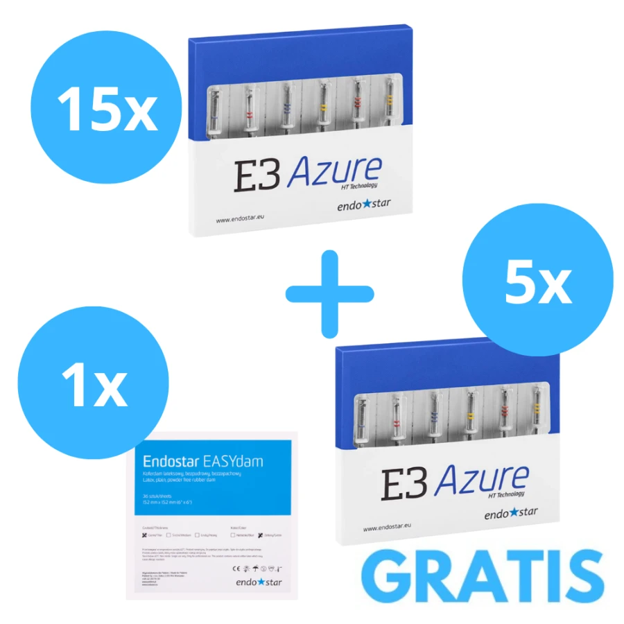 15 x Pilniki E3 Azure ( 6 sztukowe ) + Gratis  5 opakowań ( 6 sztukowych ) + Koferdam Endostar Medium